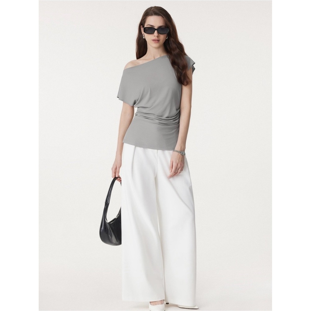 OGL Eco-SkinKiss Boatneck Flutter Sleeve Side Tucked Long Tee gray large NWT